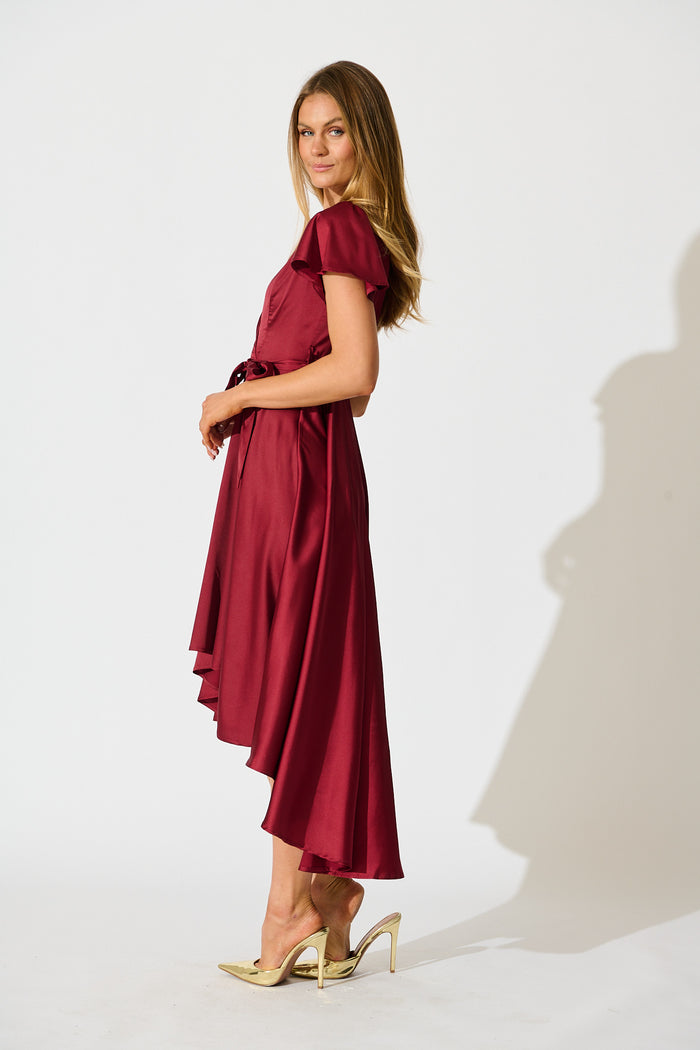 Loulou Maxi Dress in Wine Satin side
