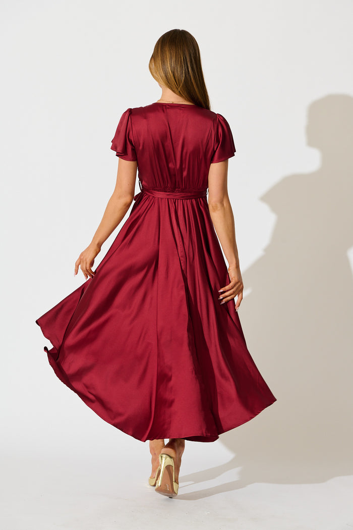 Loulou Maxi Dress in Wine Satin back