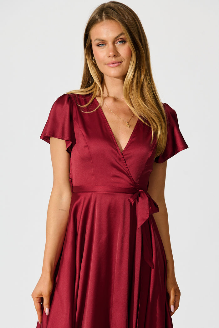 Loulou Maxi Dress in Wine Satin front
