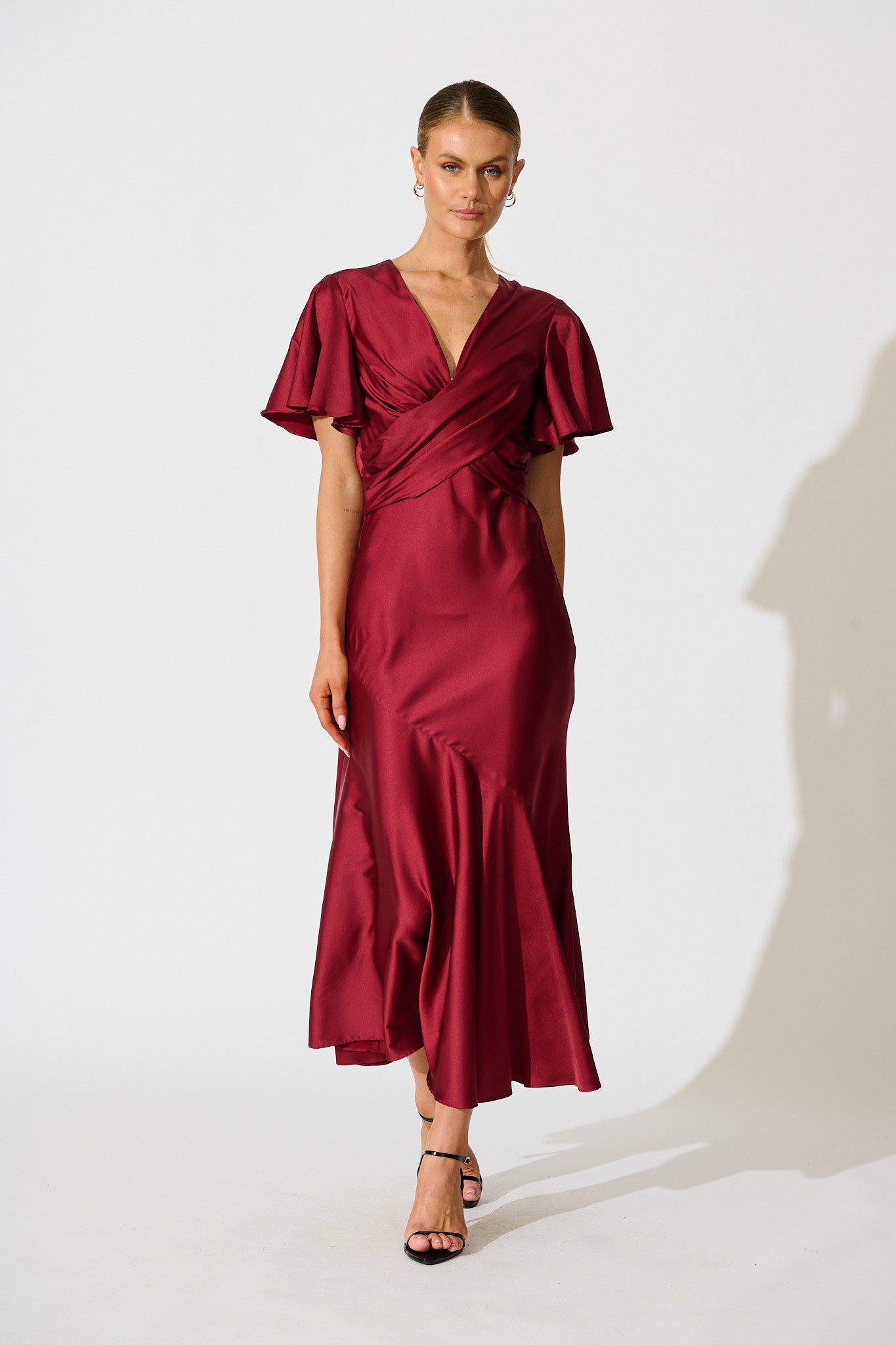 Sunset Serenade Maxi Dress in Wine Satin full length