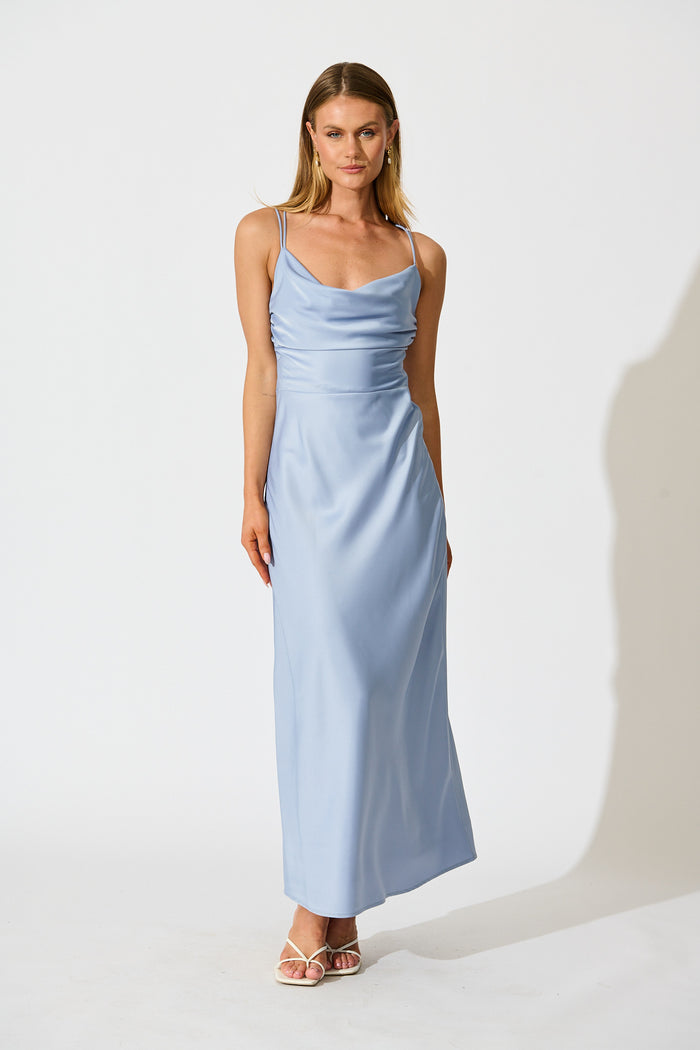 Timeless Whispers Maxi Dress in Ice Blue Satin full length