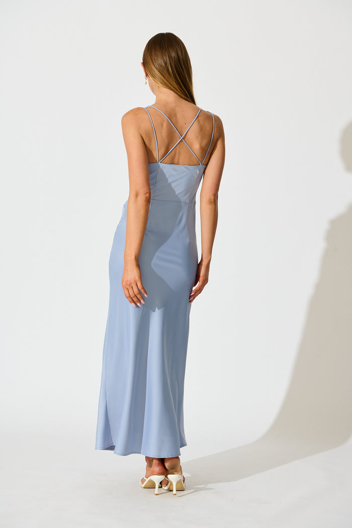 Timeless Whispers Maxi Dress in Ice Blue Satin back