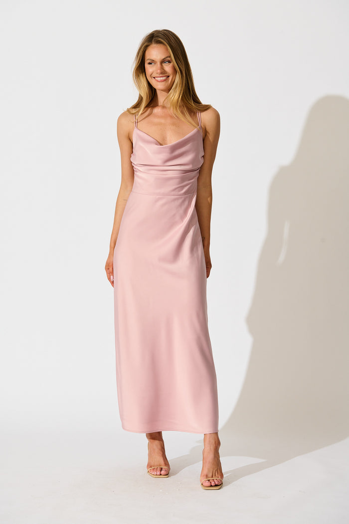 Timeless Whispers Maxi Dress in Blush Satin full length