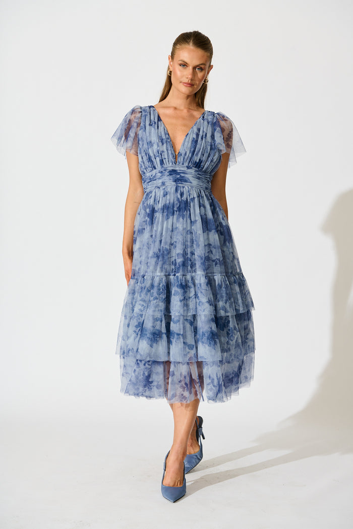 Ethereal Sky Midi Dress in Blue with Navy Floral Tulle full length