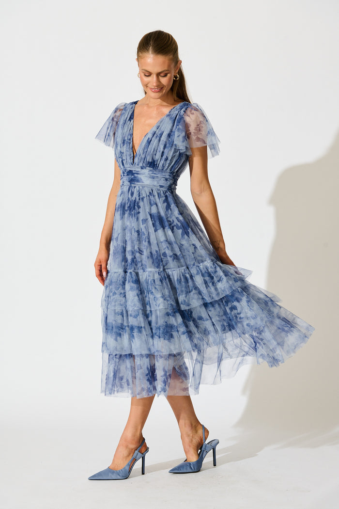 Ethereal Sky Midi Dress in Blue with Navy Floral Tulle side