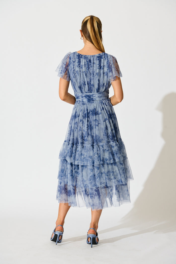 Ethereal Sky Midi Dress in Blue with Navy Floral Tulle back