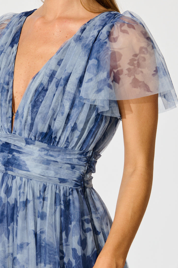 Ethereal Sky Midi Dress in Blue with Navy Floral Tulle detail