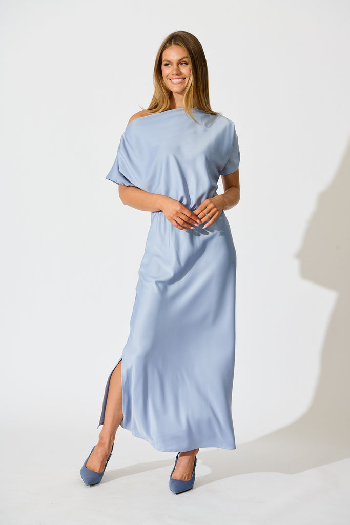 Forever And Always Maxi Off Shoulder Dress in Ice Blue Satin full length