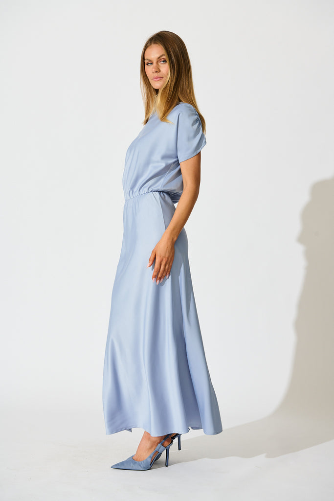 Forever And Always Maxi Off Shoulder Dress in Ice Blue Satin side