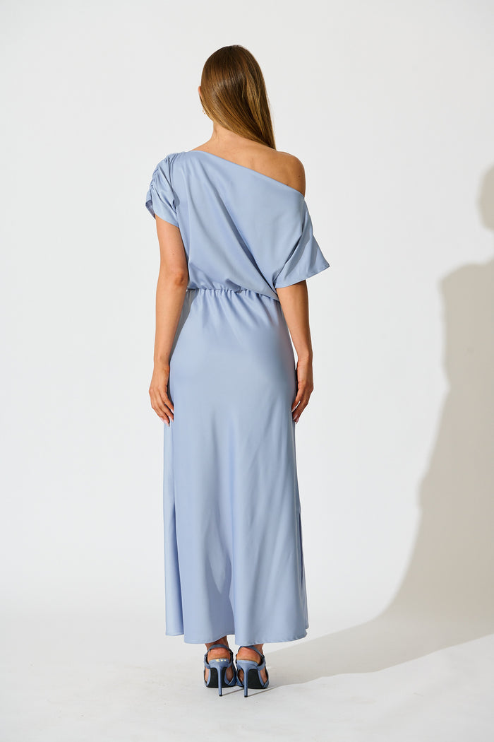 Forever And Always Maxi Off Shoulder Dress in Ice Blue Satin back