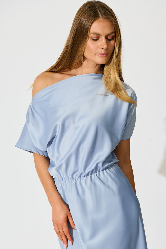 Forever And Always Maxi Off Shoulder Dress in Ice Blue Satin front