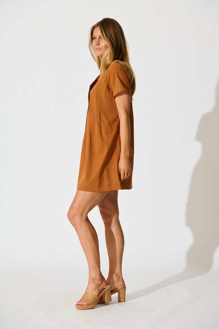 Ivory Fields Smock Dress in Camel Brown Cotton side