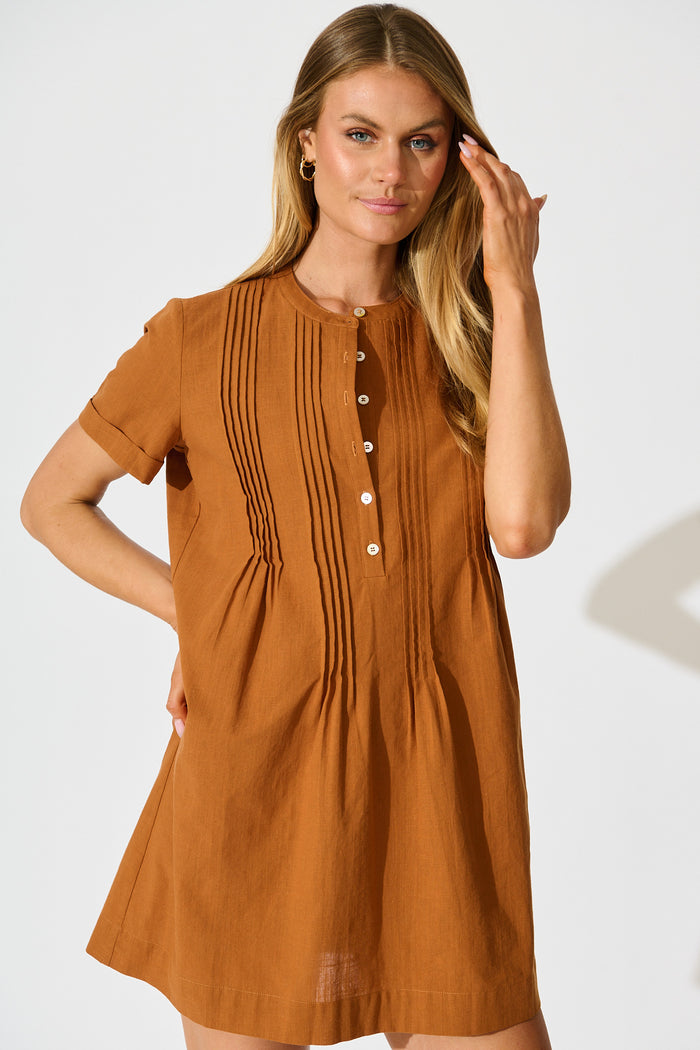 Ivory Fields Smock Dress in Camel Brown Cotton front