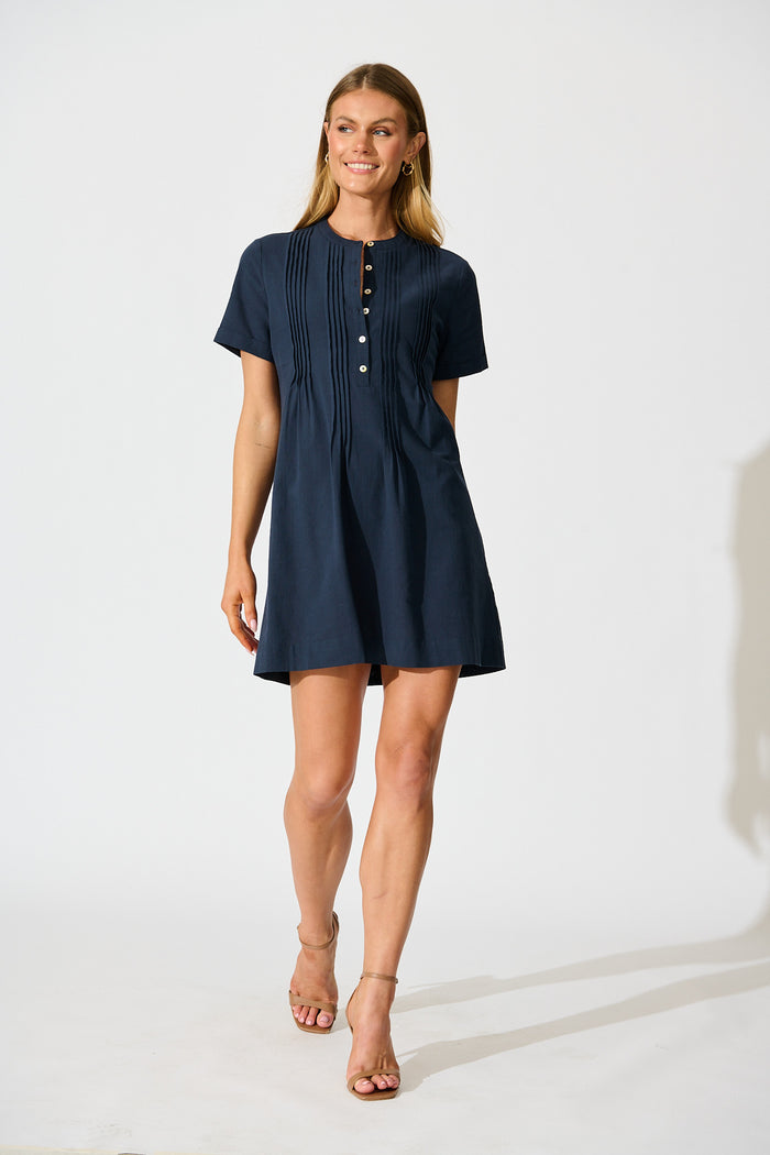 Ivory Fields Smock Dress in Navy Cotton full length