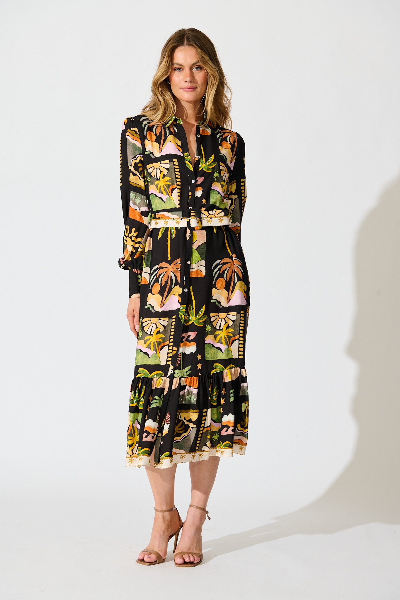 Juliana Midi Shirt Dress in Black with Multi Palm Tree Print – St Frock Juliana Midi Shirt Dress in Black with Multi Palm Tree Print – St Frock
