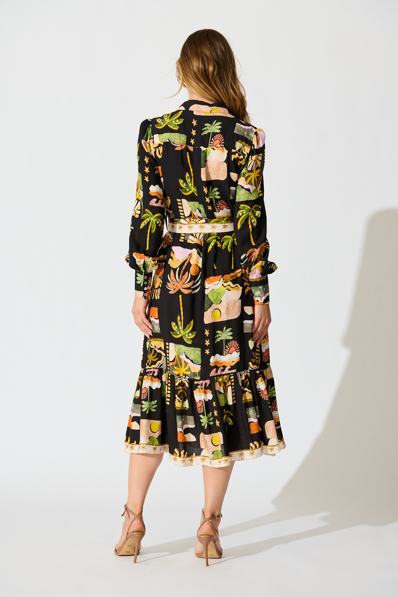 Juliana Midi Shirt Dress in Black with Multi Palm Tree Print St Frock Juliana Midi Shirt Dress in Black with Multi Palm Tree Print St Frock