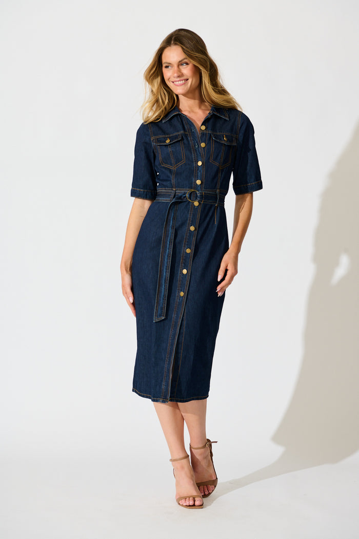 Delara Midi Shirt Dress in Dark Blue Denim full length