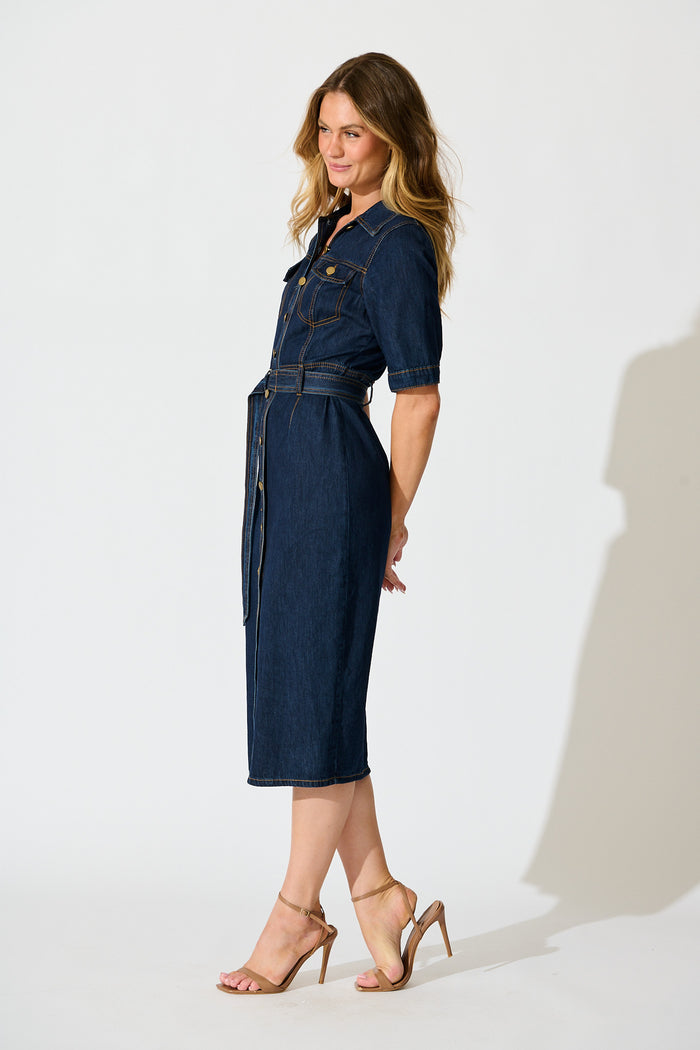 Delara Midi Shirt Dress in Dark Blue Denim side