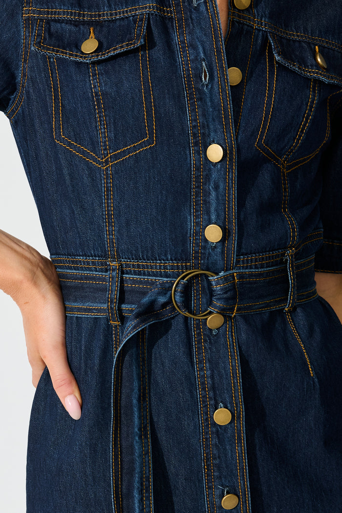 Delara Midi Shirt Dress in Dark Blue Denim detail