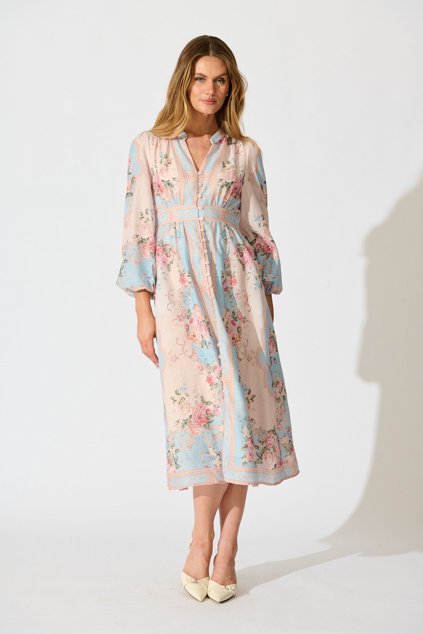 Izara Midi Dress in Pink and Blue Placement Linen Blend – St Frock