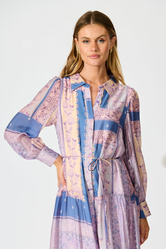 Layton Maxi Shirt Dress in Lilac and Blue Patchwork St Frock Layton Maxi Shirt Dress in Lilac and Blue Patchwork St Frock