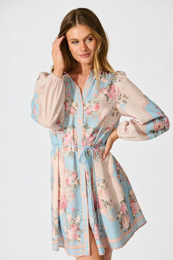 Rania Dress in Pink and Blue Placement Linen Blend front