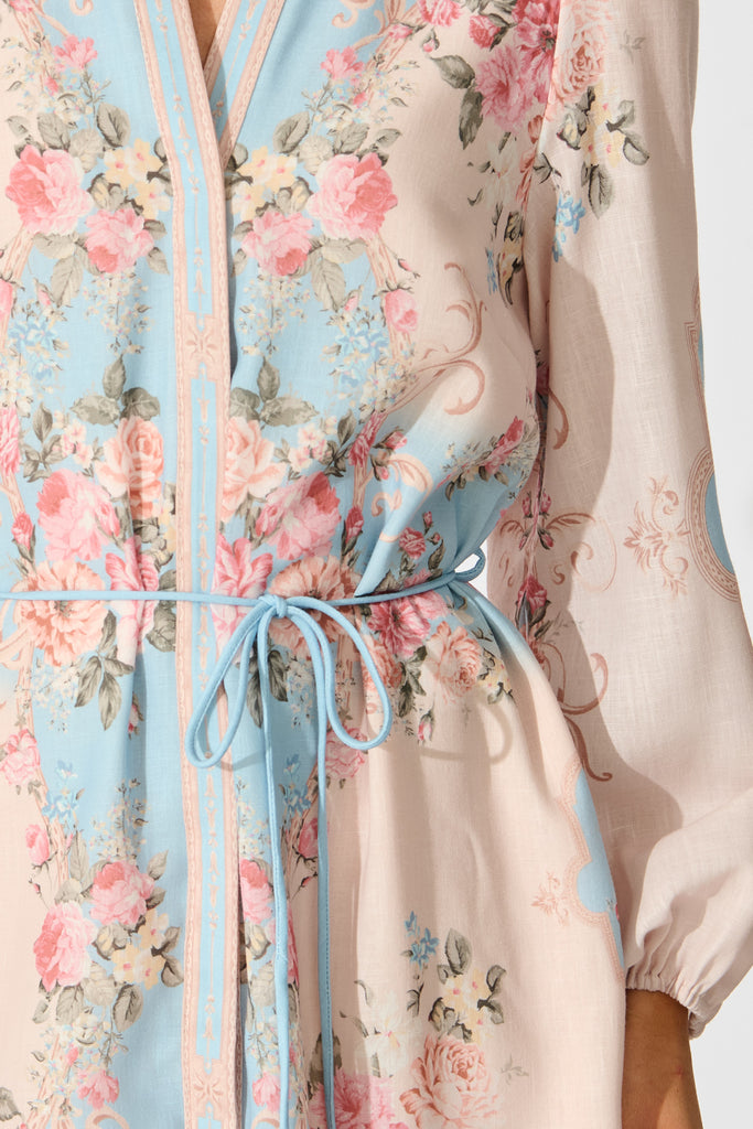 Rania Dress in Pink and Blue Placement Linen Blend detail