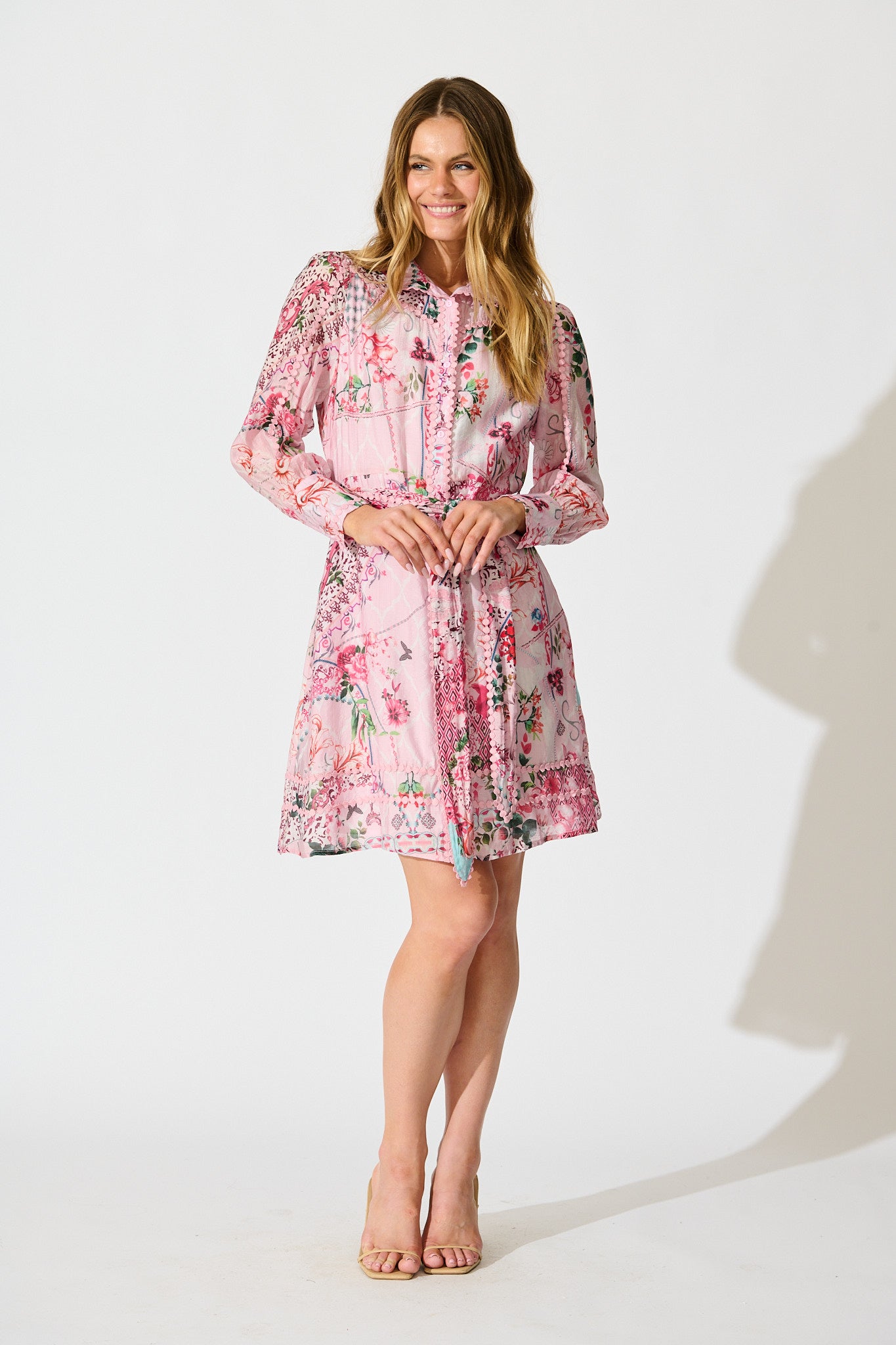 Malhia Shirt Dress in Pink Floral Cotton Blend full length