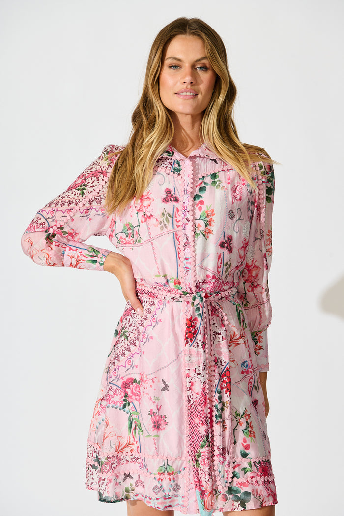 Malhia Shirt Dress in Pink Floral Cotton Blend front