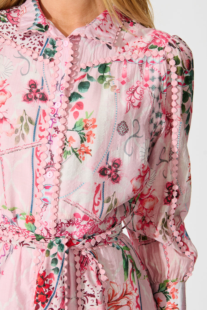 Malhia Shirt Dress in Pink Floral Cotton Blend detail