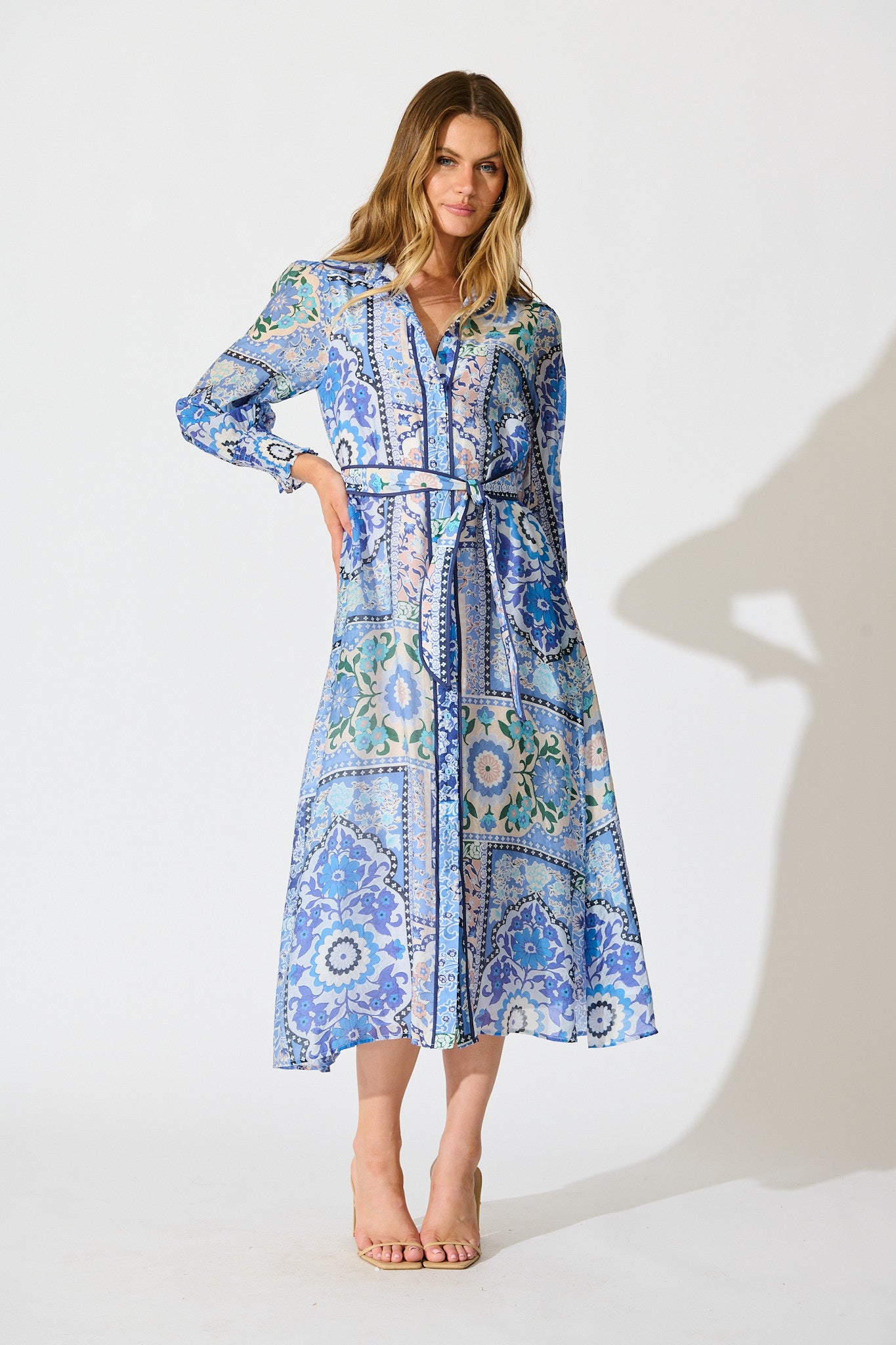 Tessa Maxi Shirt Dress in Multi Blue Cotton Blend full length