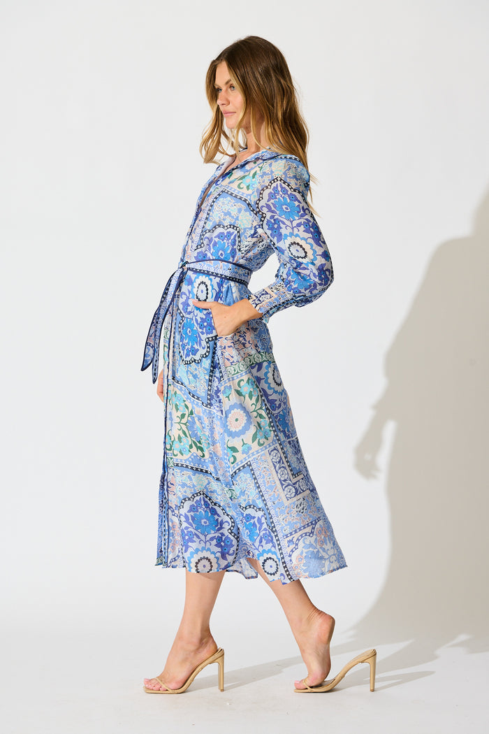 Tessa Maxi Shirt Dress in Multi Blue Cotton Blend side