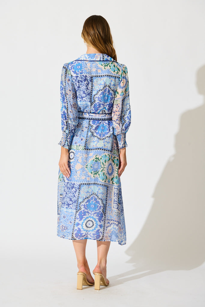 Tessa Maxi Shirt Dress in Multi Blue Cotton Blend back