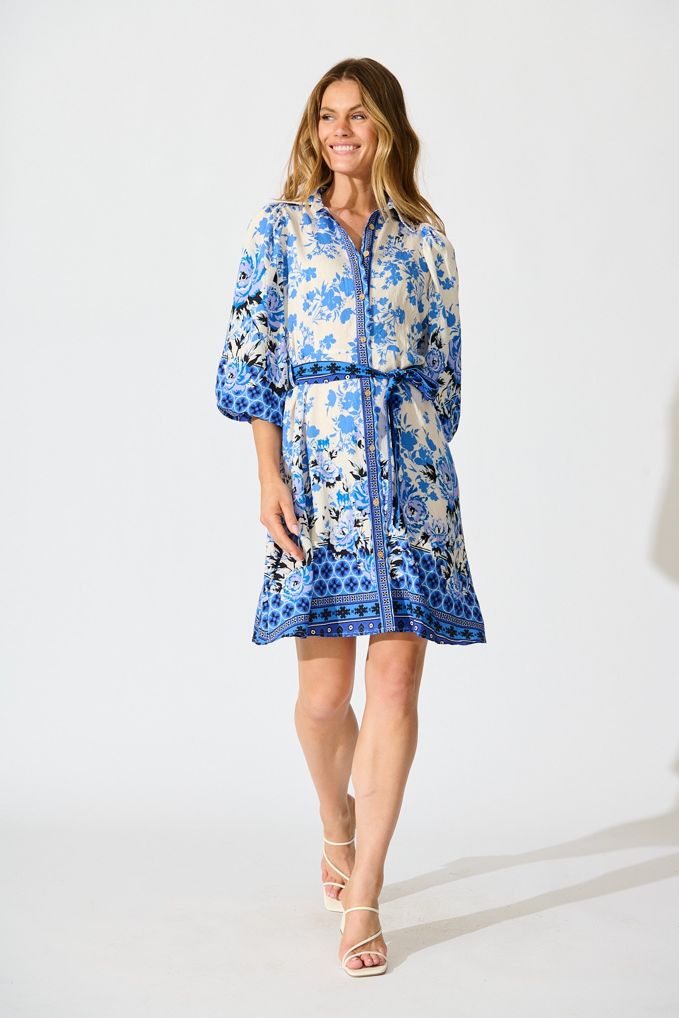 Starlet Boho Shirt Dress in Blue Floral Linen Blend full length