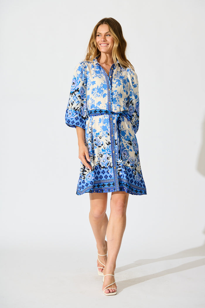 Starlet Boho Shirt Dress in Blue Floral Linen Blend full length