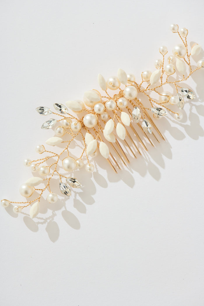 Leona Bridal Hair Comb Clip in Gold with Pearl closeup