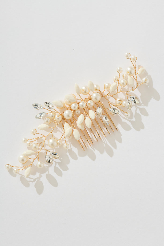 Leona Bridal Hair Comb Clip in Gold with Pearl flatlay