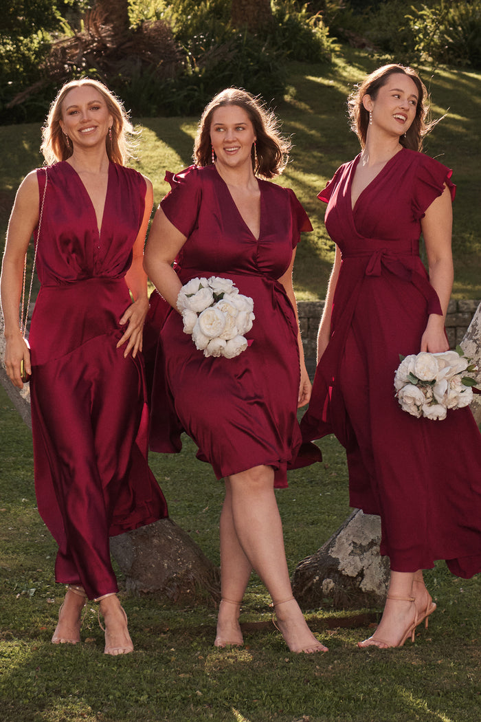 Loulou Maxi Dress in Wine Satin campaign three models