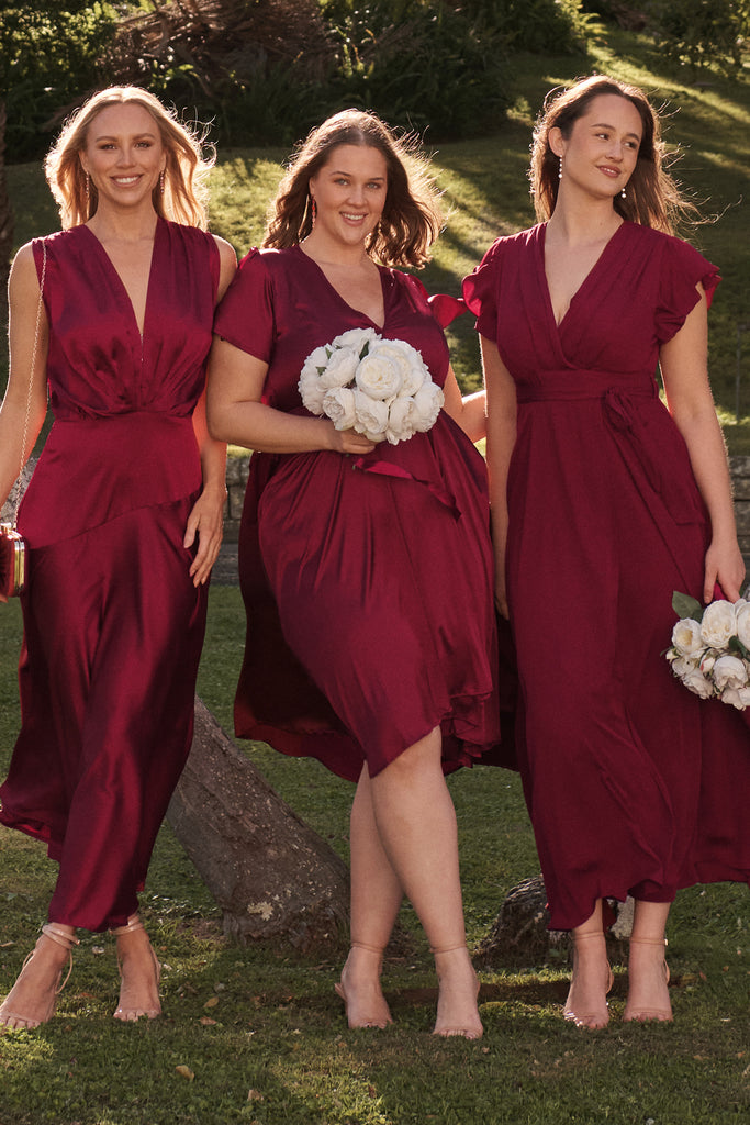 Wynter Maxi Dress in Wine Chiffon campaign three models