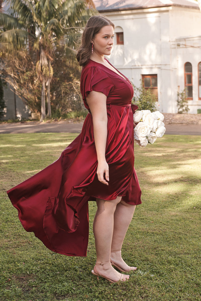 Loulou Maxi Dress in Wine Satin campaign side