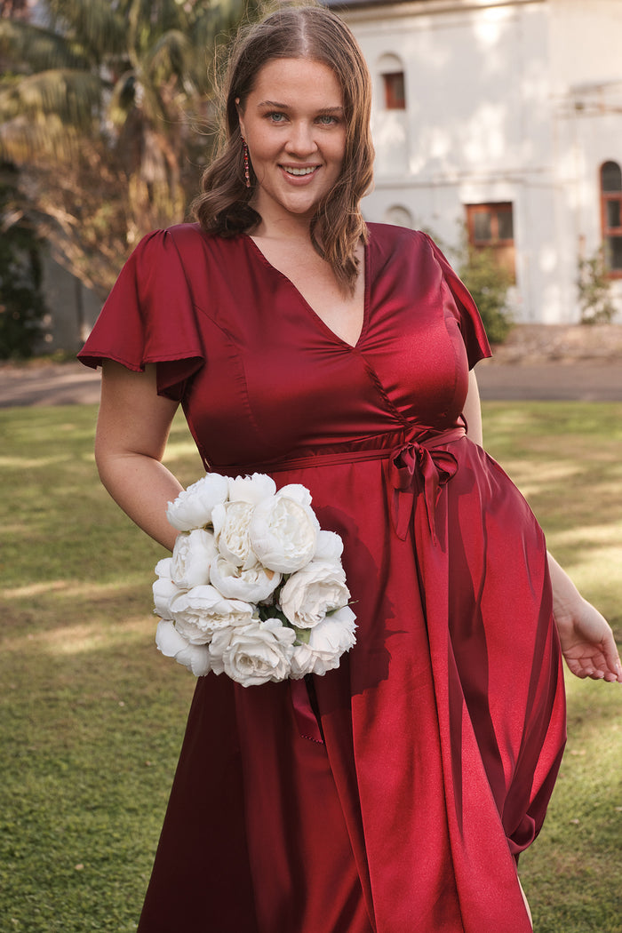 Loulou Maxi Dress in Wine Satin campaign front