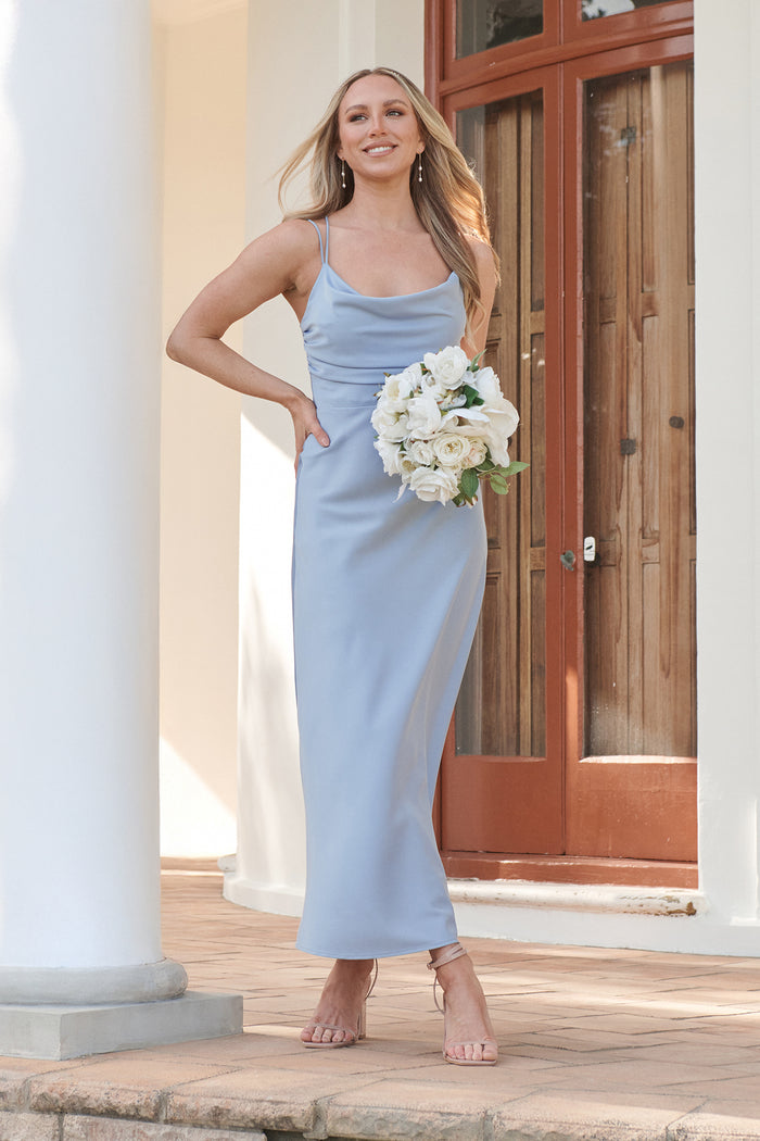 Timeless Whispers Maxi Dress in Ice Blue Satin campaign full length