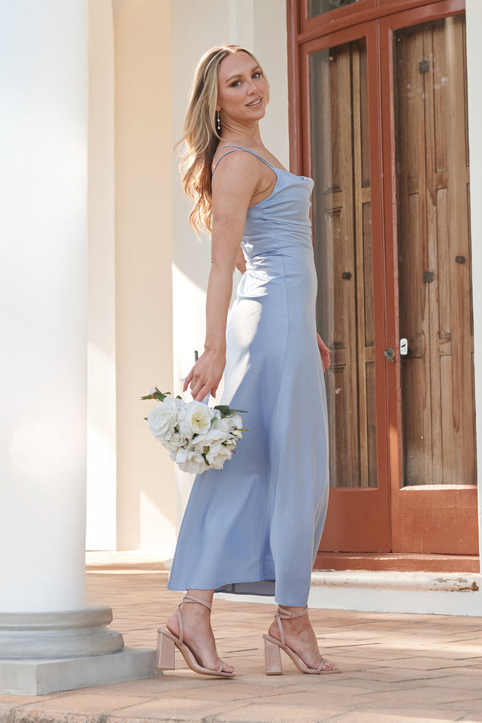 Timeless Whispers Maxi Dress in Ice Blue Satin campaign side