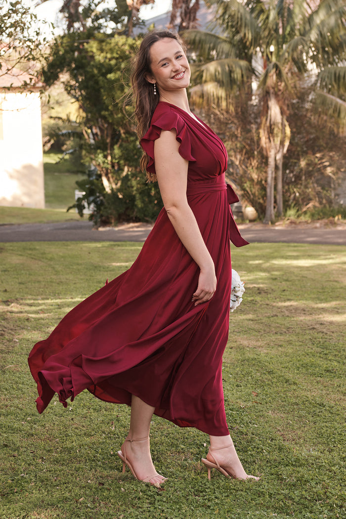 Wynter Maxi Dress in Wine Chiffon campaign side