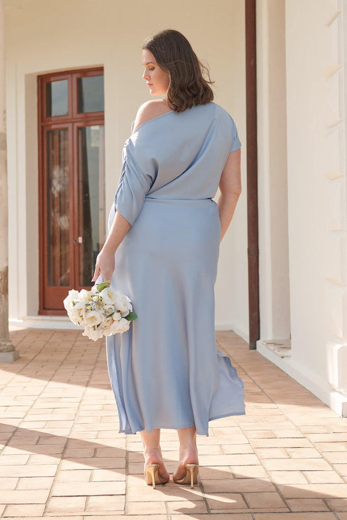Forever And Always Maxi Off Shoulder Dress in Ice Blue Satin campaign back