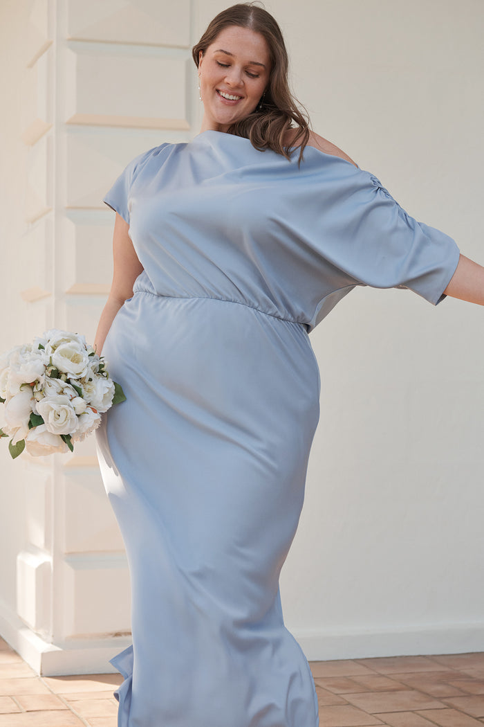 Forever And Always Maxi Off Shoulder Dress in Ice Blue Satin campaign front