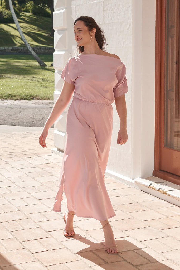 Forever And Always Maxi Off Shoulder Dress in Blush Satin campaign full length