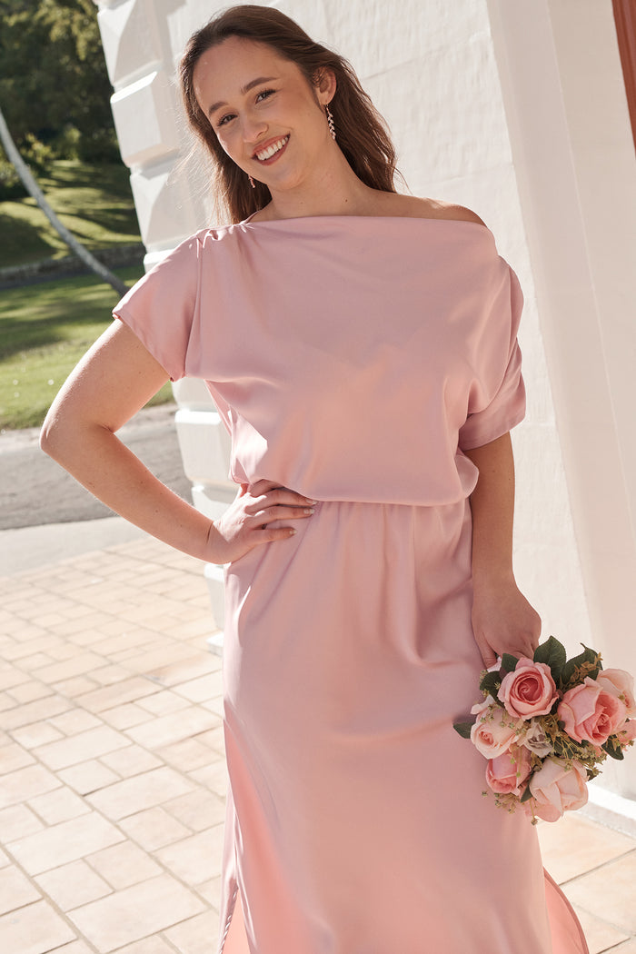 Forever And Always Maxi Off Shoulder Dress in Blush Satin campaign front