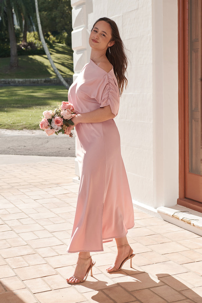 Forever And Always Maxi Off Shoulder Dress in Blush Satin campaign side