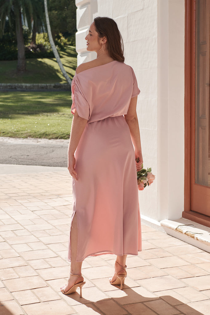 Forever And Always Maxi Off Shoulder Dress in Blush Satin campaign back